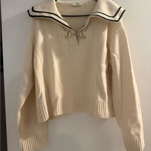 Sandro Cream V-Neck Sweater with Sailor Collar